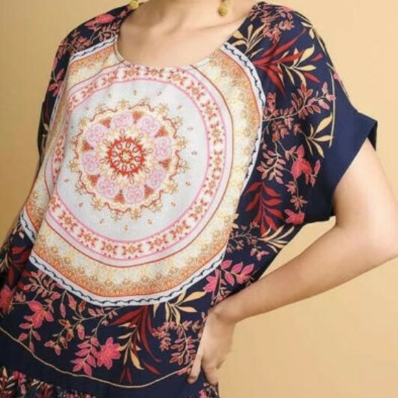 Navy Orange Floral Medallion Print Tunic Top S M - Picture 4 of 9
